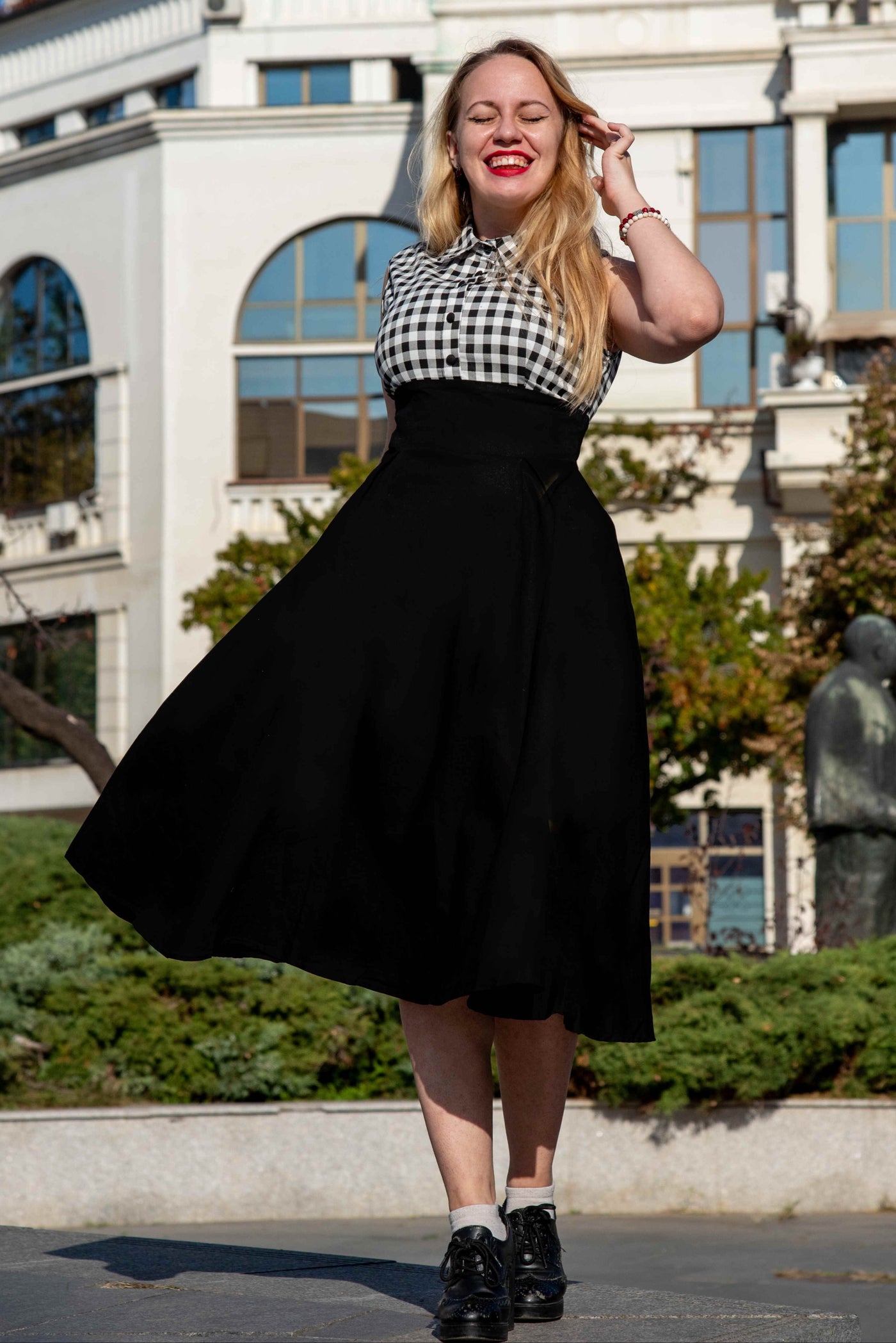 EU STOCK Lisa Black White Gingham Collared Swing Dress