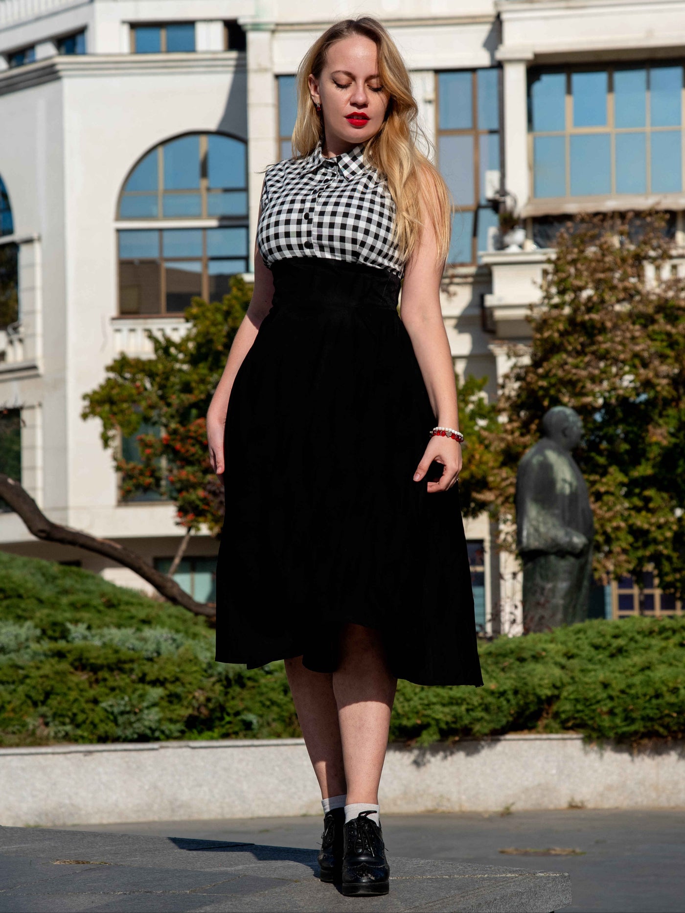 EU STOCK Lisa Black White Gingham Collared Swing Dress