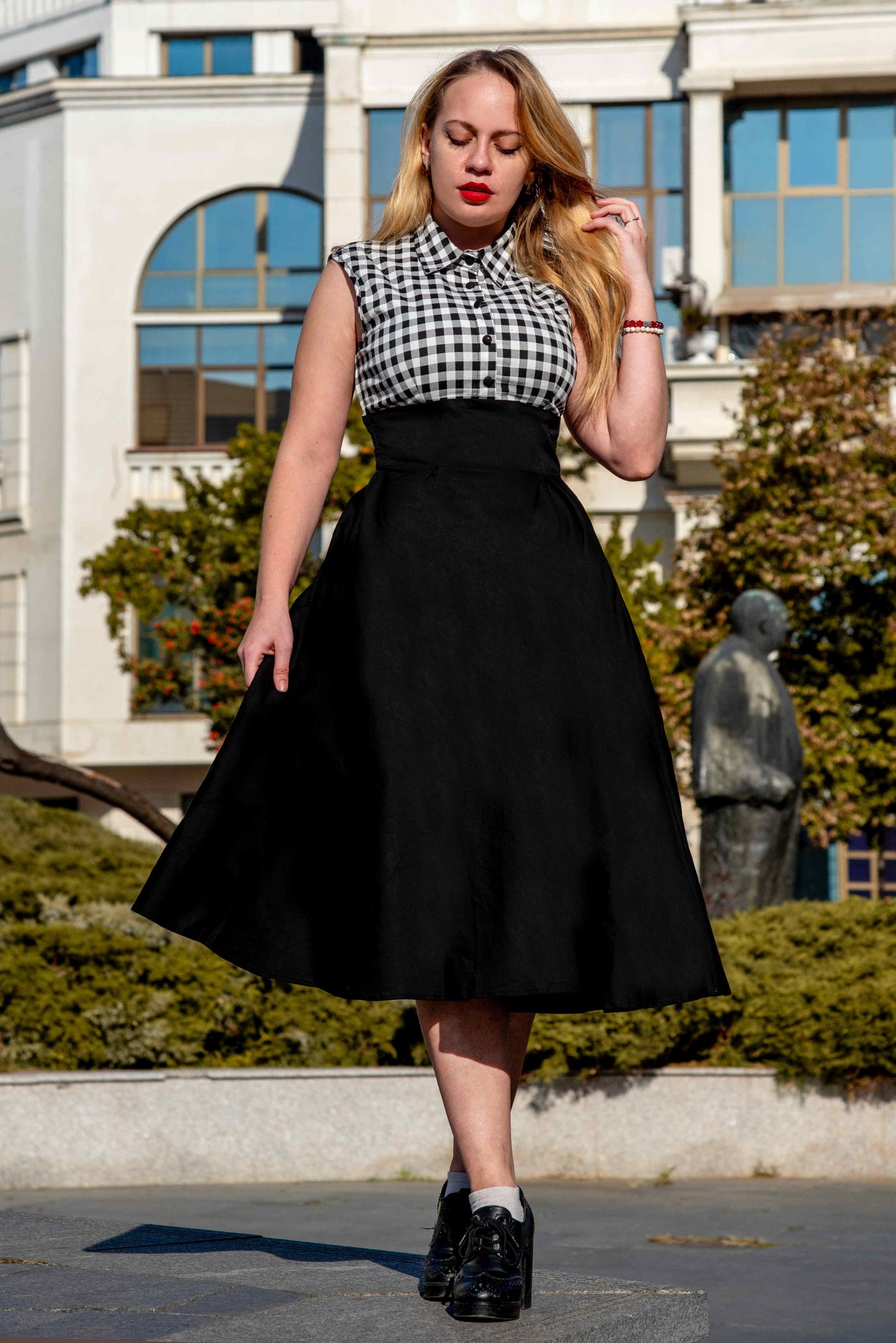 EU STOCK Lisa Black White Gingham Collared Swing Dress