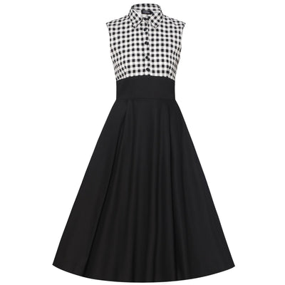 EU STOCK Lisa Black White Gingham Collared Swing Dress