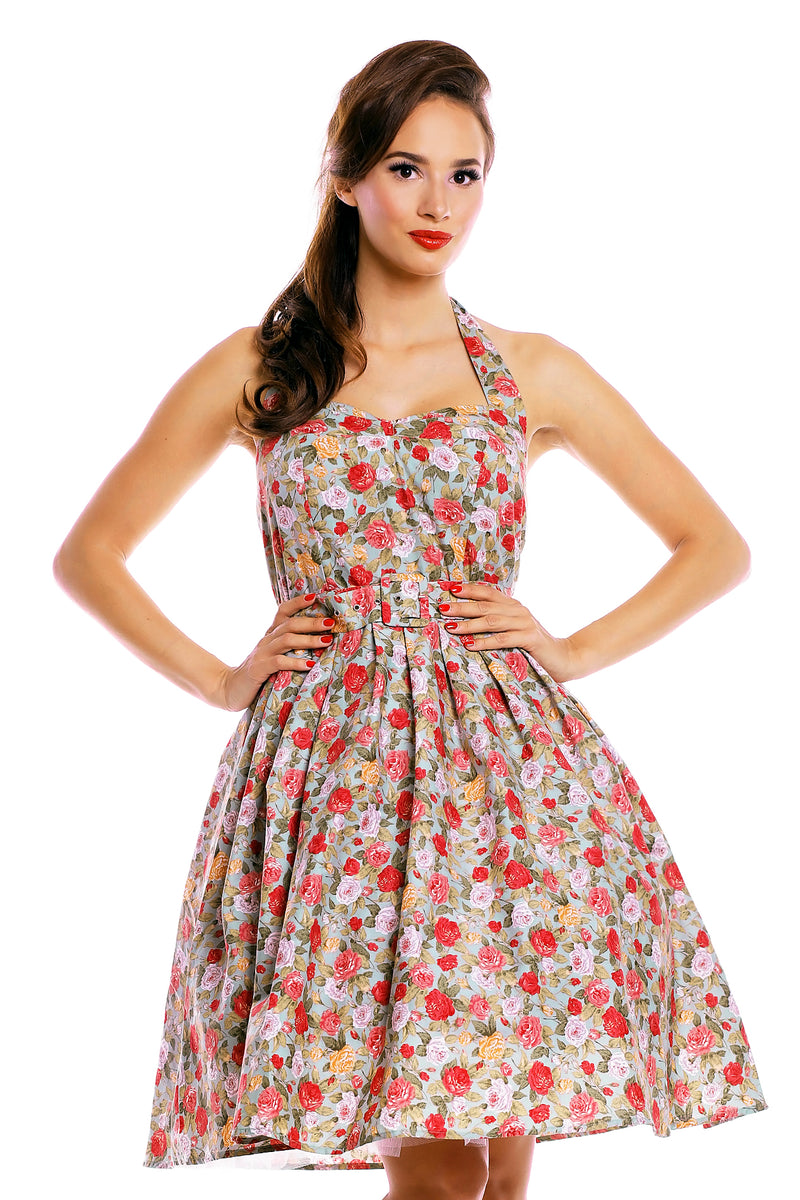 Cecilia Floral Halter Neck Swing Dress with Large Roses in Pale Blue