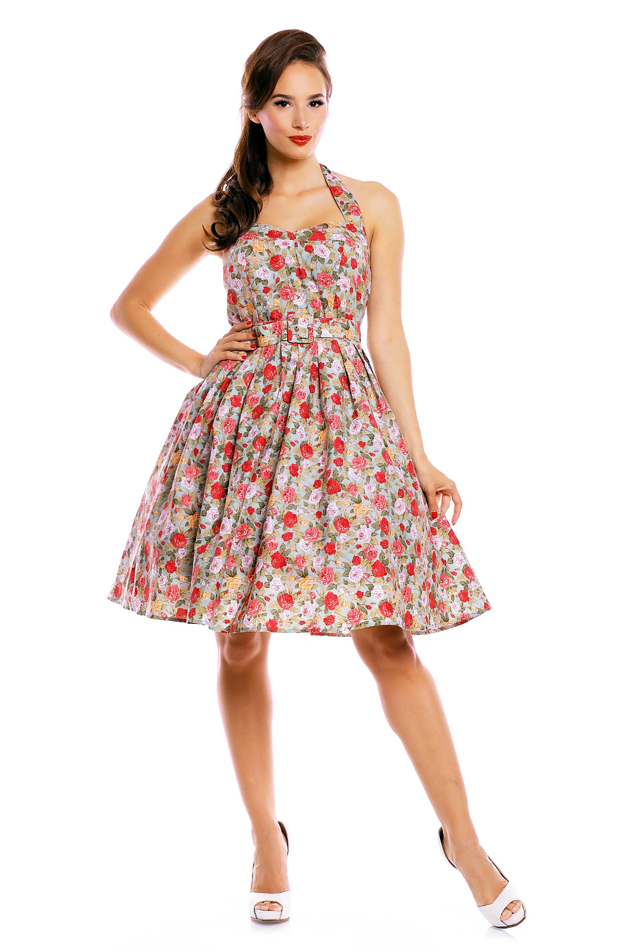 Cecilia Floral Halter Neck Swing Dress with Large Roses in Pale Blue