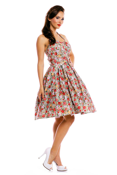 Cecilia Floral Halter Neck Swing Dress with Large Roses in Pale Blue