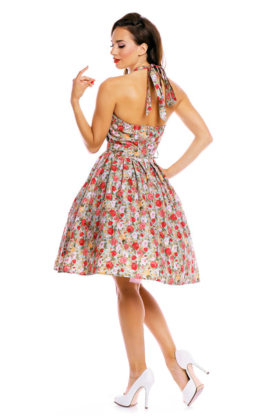 Cecilia Floral Halter Neck Swing Dress with Large Roses in Pale Blue