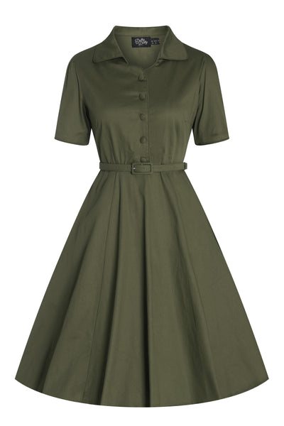 PRE ORDER Penelope Army Green Rockabilly Plain Shirt Dress