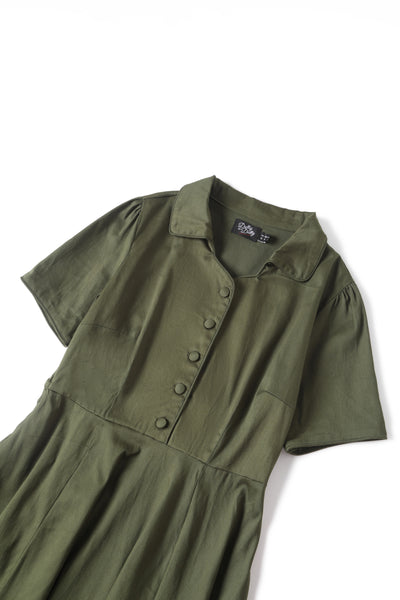 PRE ORDER Penelope Army Green Rockabilly Plain Shirt Dress