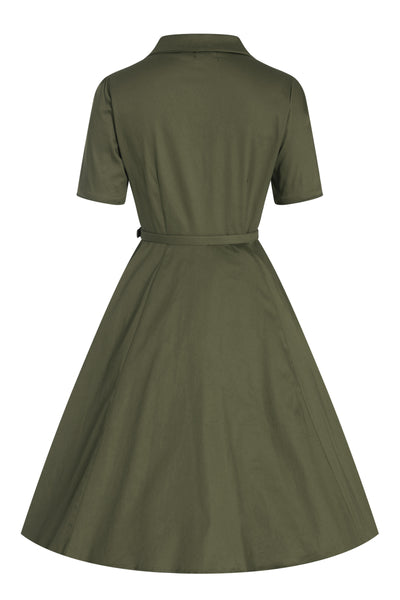 PRE ORDER Penelope Army Green Rockabilly Plain Shirt Dress