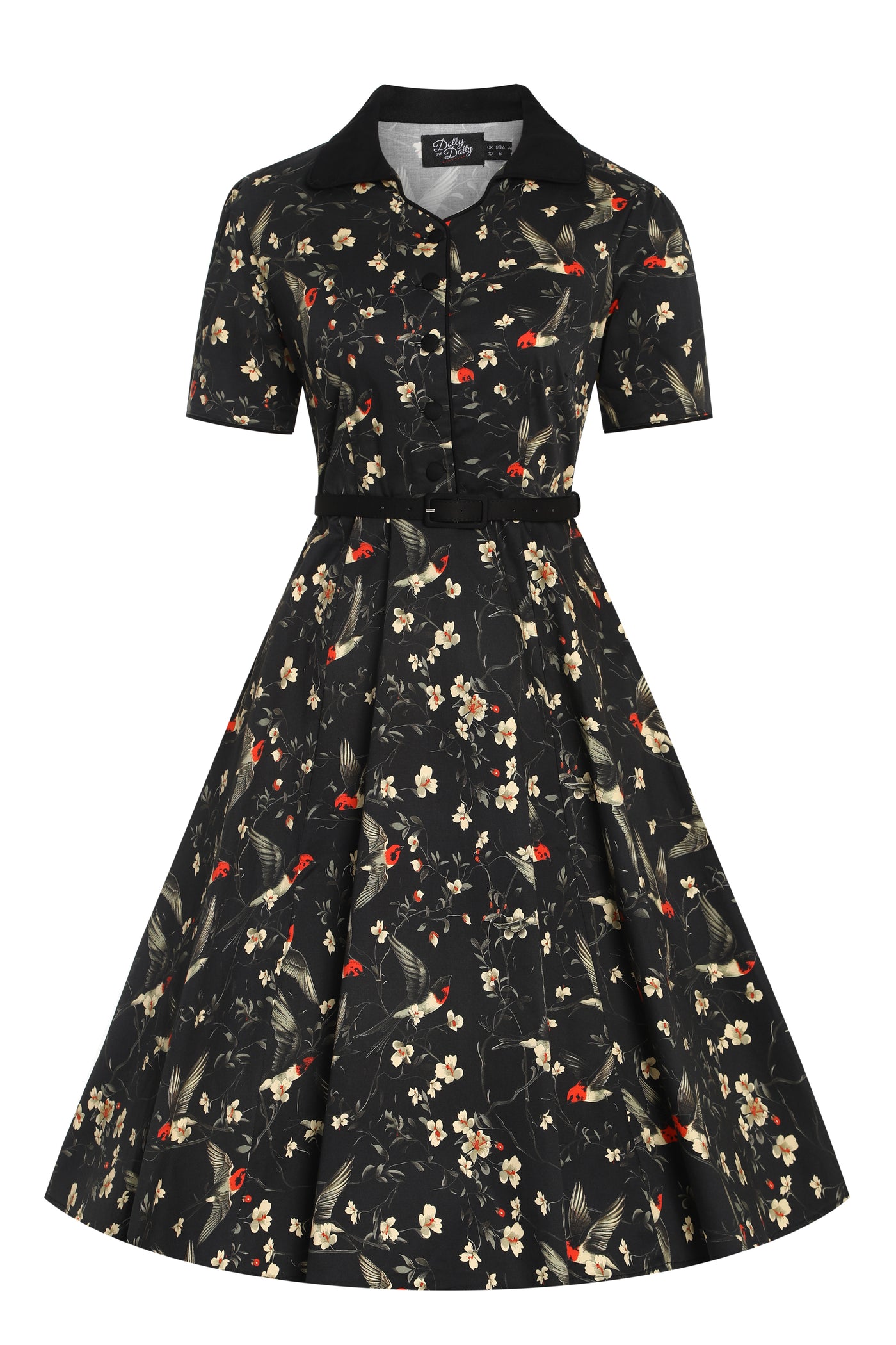 EU STOCK Penelope Rockabilly Black Bird & Floral Print Shirt Dress