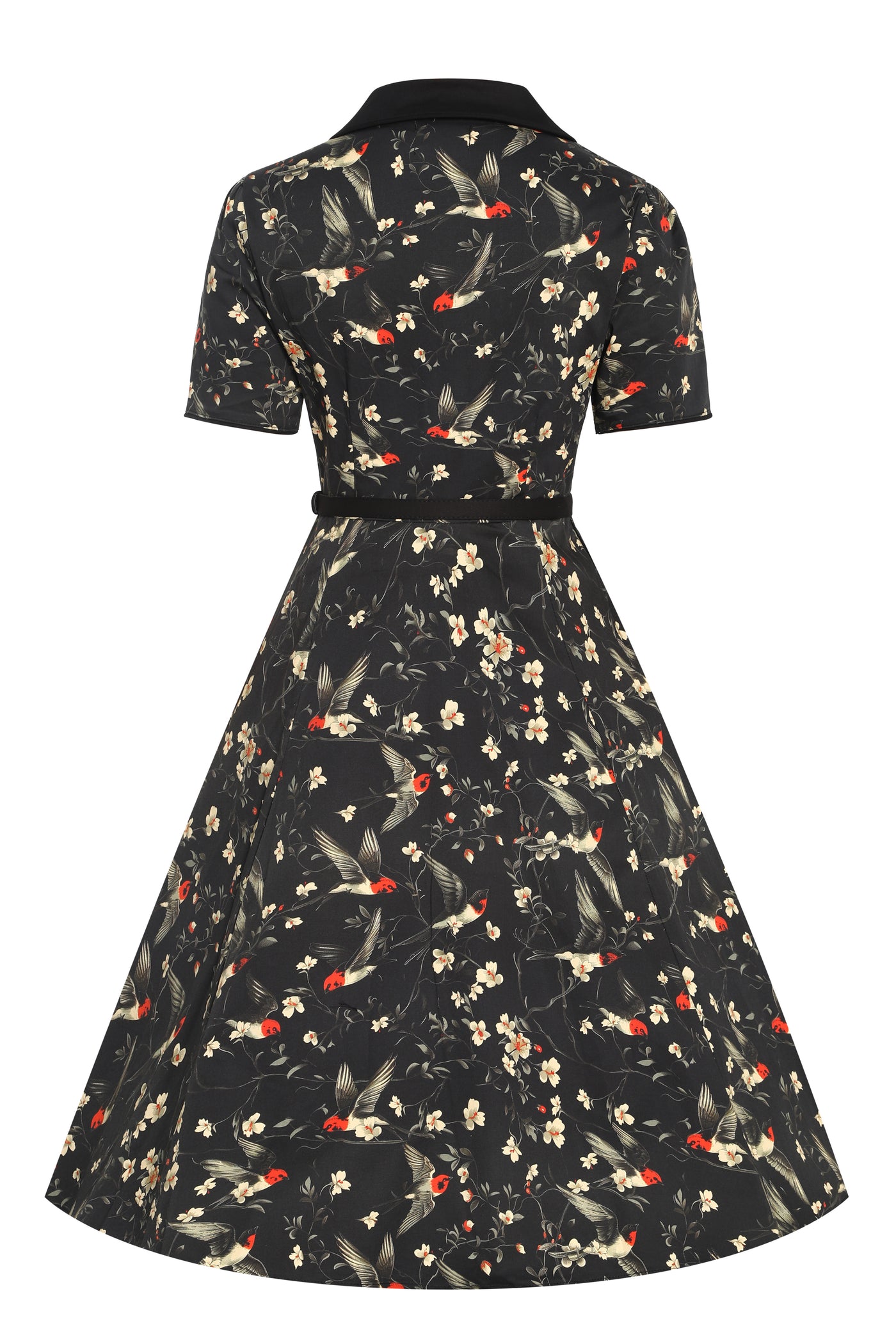 EU STOCK Penelope Rockabilly Black Bird & Floral Print Shirt Dress