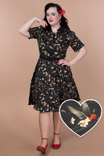 EU STOCK Penelope Rockabilly Black Bird & Floral Print Shirt Dress