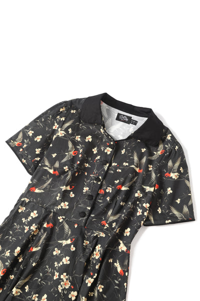 EU STOCK Penelope Rockabilly Black Bird & Floral Print Shirt Dress