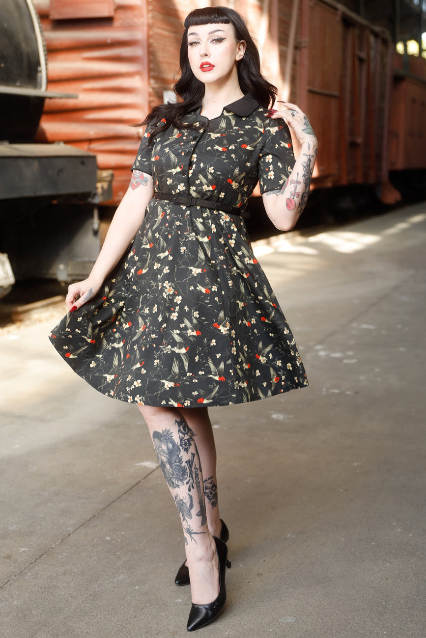 EU STOCK Penelope Rockabilly Black Bird & Floral Print Shirt Dress