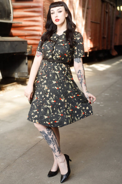 EU STOCK Penelope Rockabilly Black Bird & Floral Print Shirt Dress