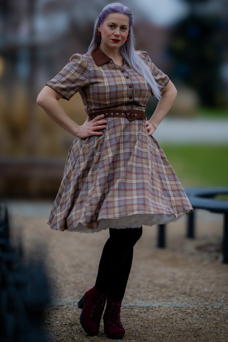 Penelope Rockabilly Brown Tartan Shirt Dress