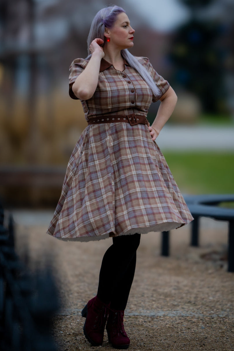 Penelope Rockabilly Brown Tartan Shirt Dress