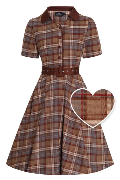 Penelope Rockabilly Brown Tartan Shirt Dress