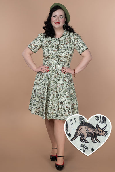 EU STOCK Penelope Rockabilly Green Dinosaur Shirt Dress