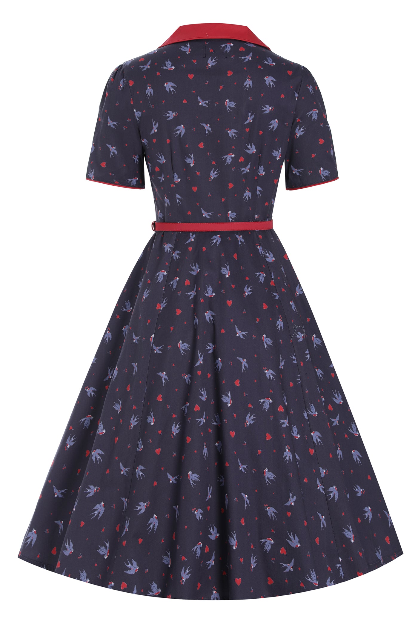 EU STOCK Penelope Rockabilly Navy Blue Heart & Swallow Shirt Dress