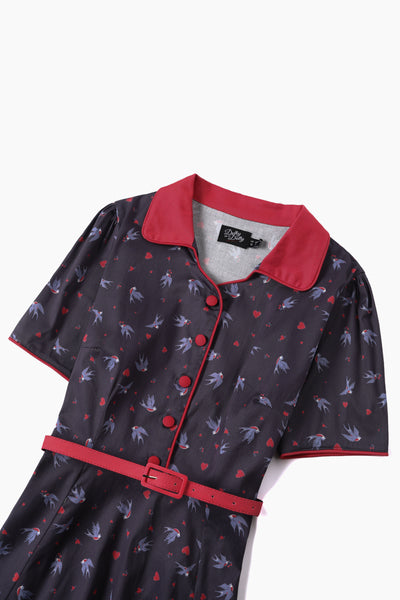 EU STOCK Penelope Rockabilly Navy Blue Heart & Swallow Shirt Dress