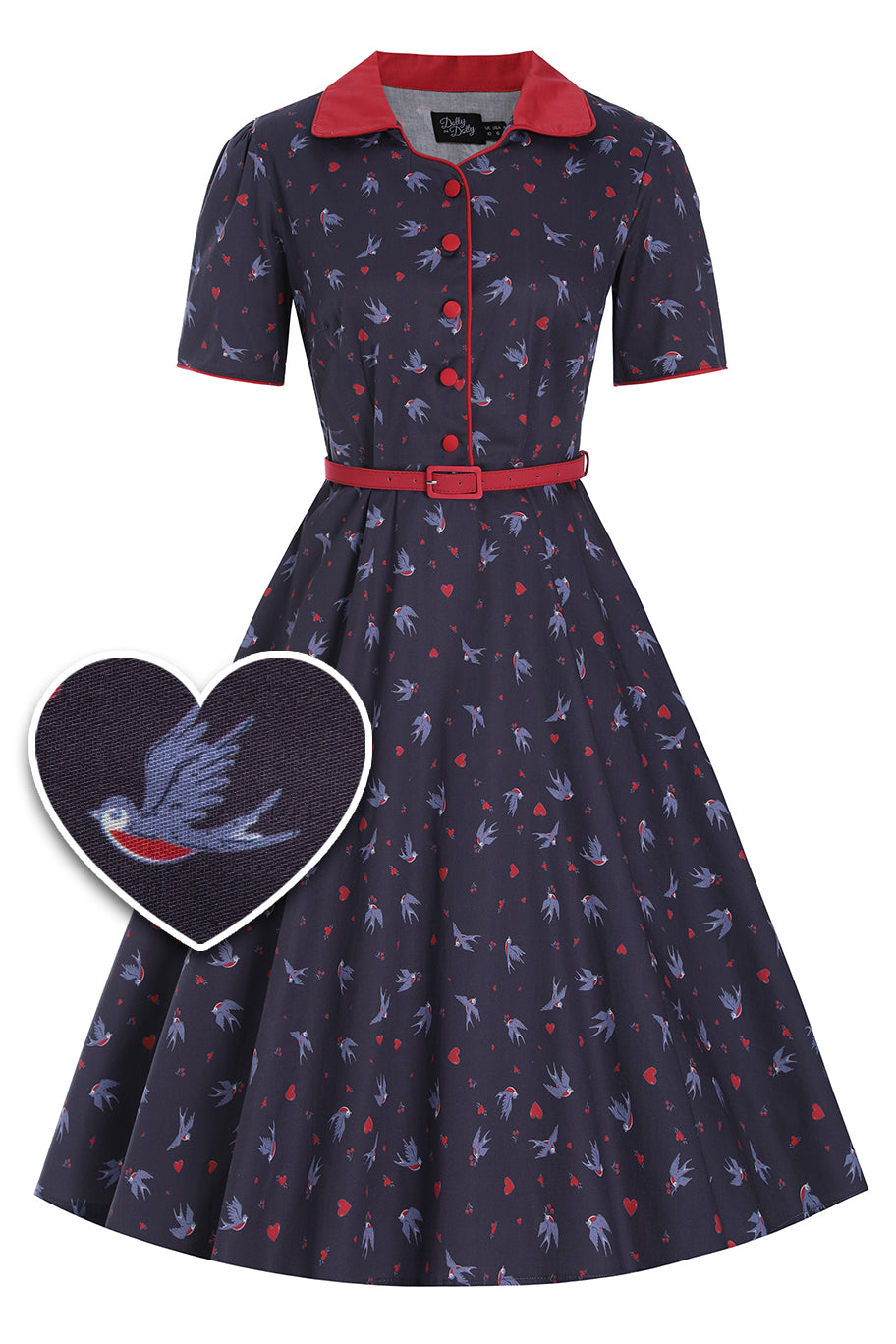 EU STOCK Penelope Rockabilly Navy Blue Heart & Swallow Shirt Dress