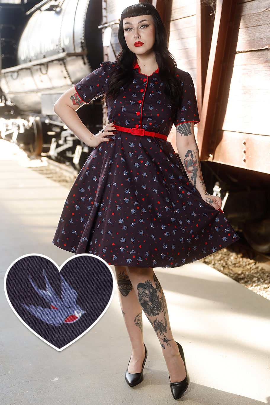 EU STOCK Penelope Rockabilly Navy Blue Heart & Swallow Shirt Dress