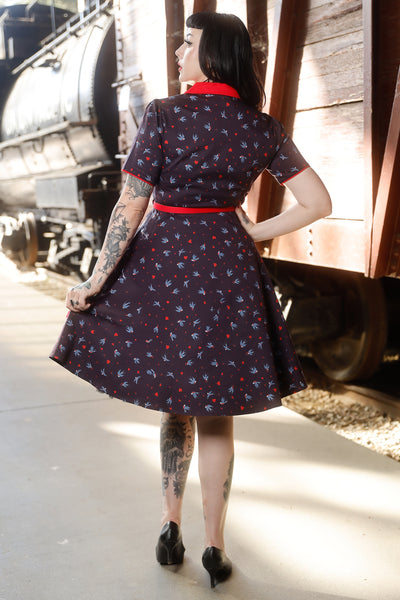 EU STOCK Penelope Rockabilly Navy Blue Heart & Swallow Shirt Dress