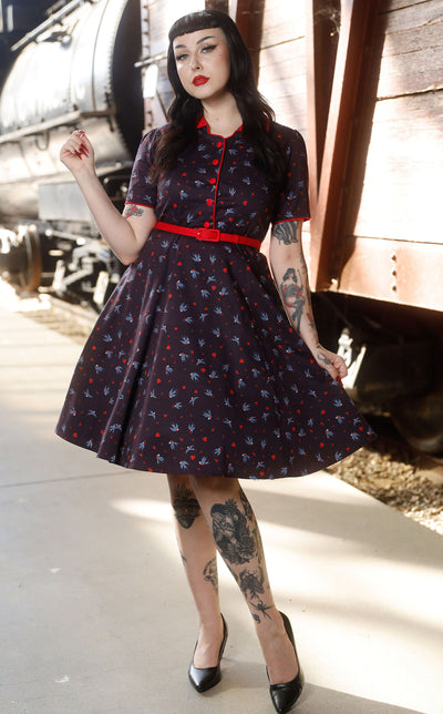 EU STOCK Penelope Rockabilly Navy Blue Heart & Swallow Shirt Dress