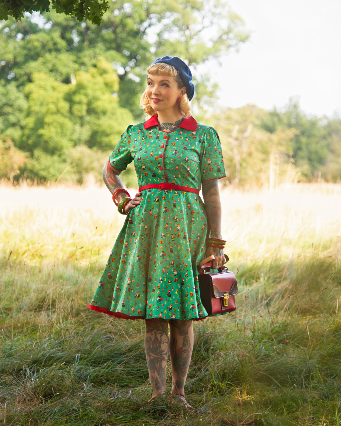 Penelope Rockabilly Green Garden Gnome Shirt Dress