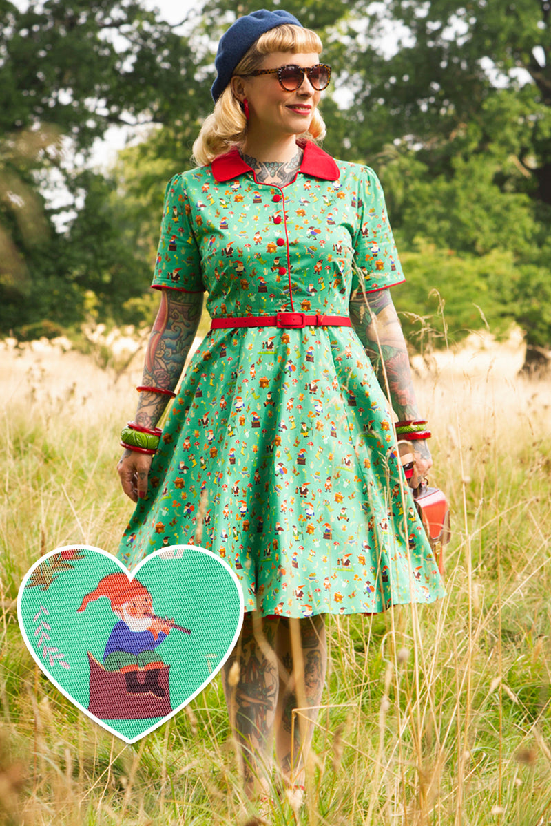 EU STOCK Penelope Rockabilly Green Garden Gnome Shirt Dress