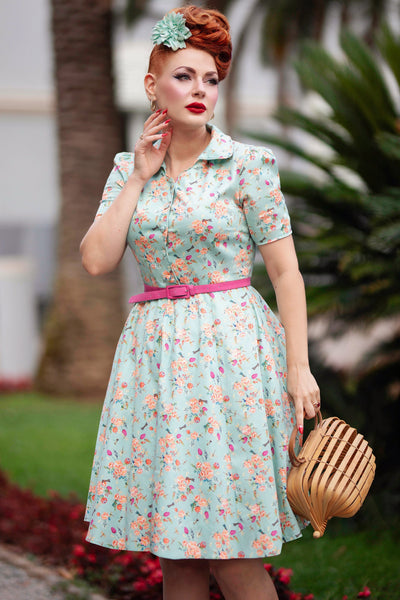 Penelope Rockabilly Blue Floral Shirt Dress