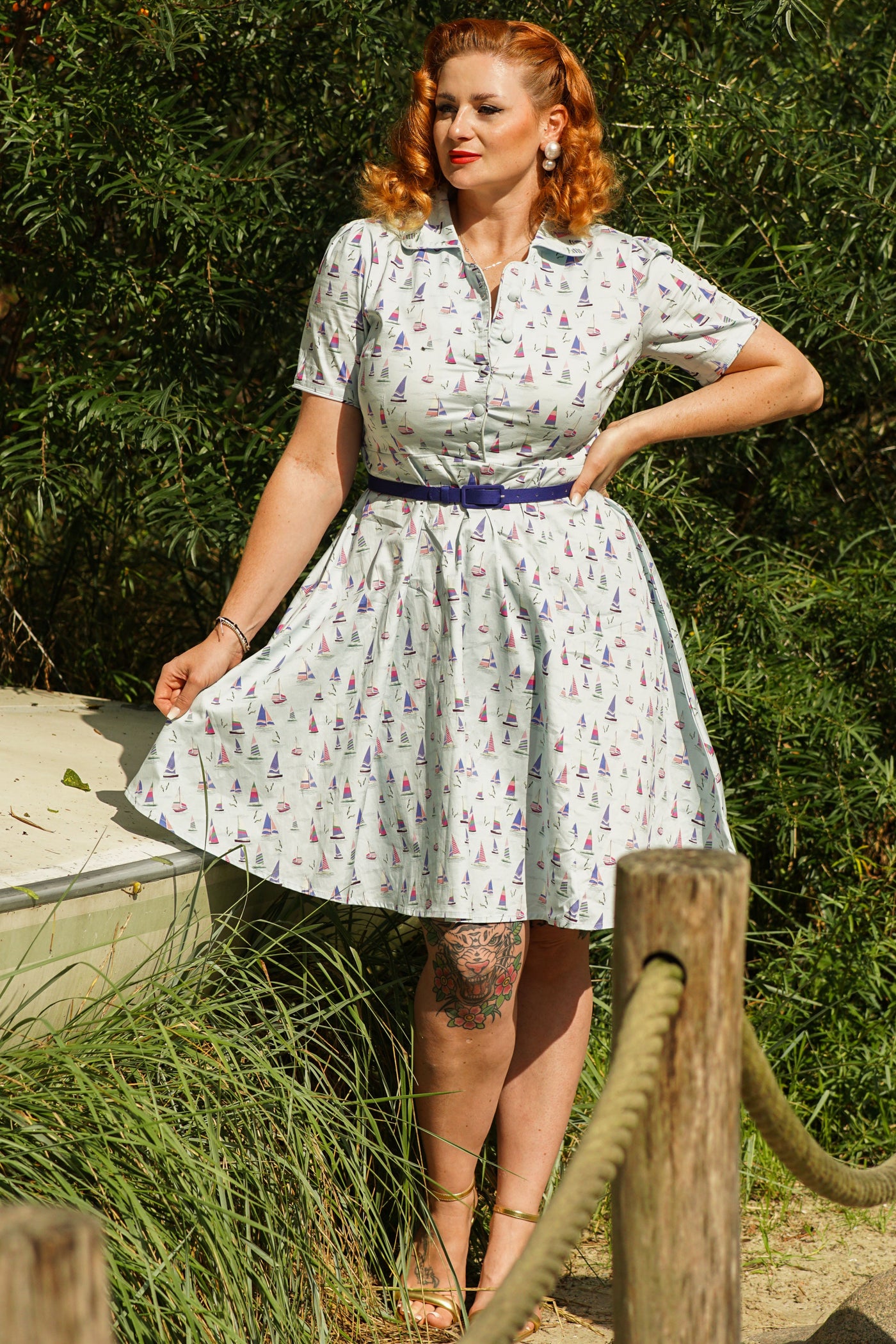 Penelope Rockabilly Blue Nautical Sailboat Shirt Dress