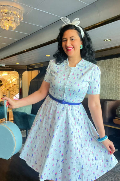 Penelope Rockabilly Blue Nautical Sailboat Shirt Dress