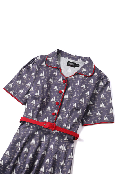 EU STOCK Penelope Rockabilly Navy Blue Nautical Sailboat Shirt Dress