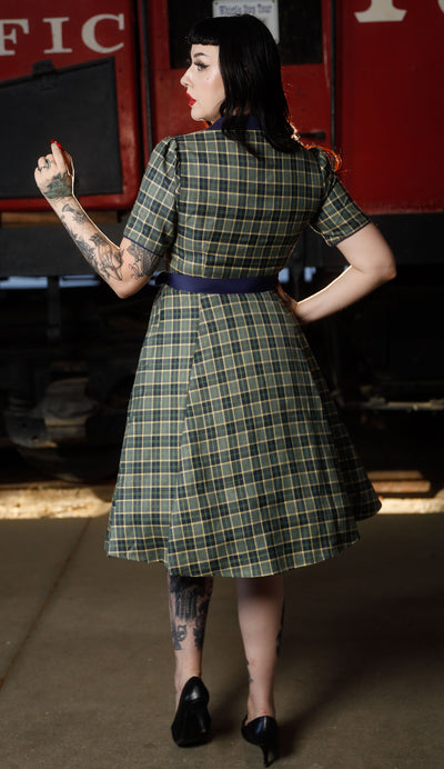 Penelope Rockabilly Navy Blue/Grey Tartan Shirt Dress