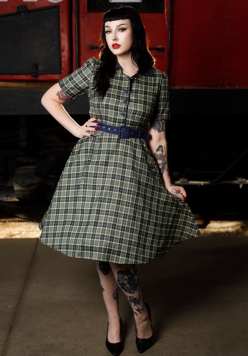 Penelope Rockabilly Navy Blue/Grey Tartan Shirt Dress