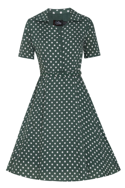 PRE ORDER Penelope Pine Green & White Polka Dot Dress - Fully Lined