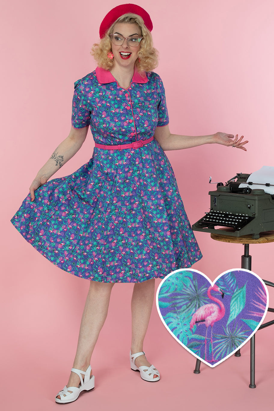 Penelope Rockabilly Purple Tropical Flamingo Shirt Dress