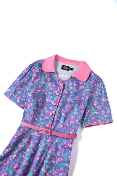 Penelope Rockabilly Purple Tropical Flamingo Shirt Dress