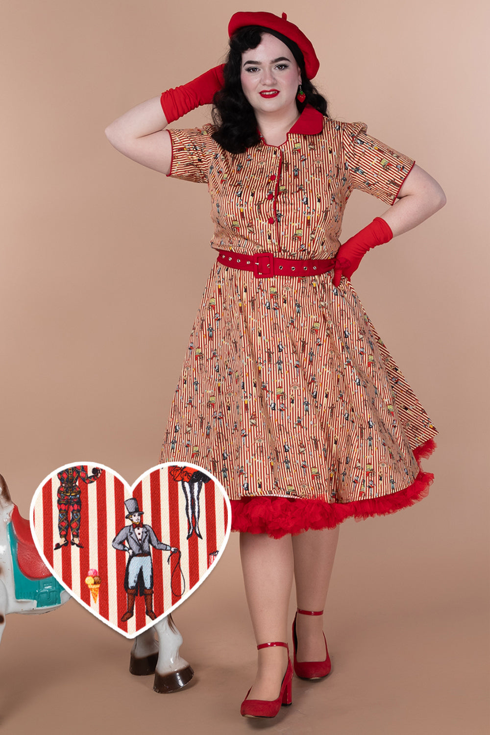 EU STOCK Penelope Red Vintage Circus Striped Shirt Dress