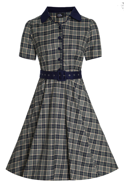 EU STOCK Penelope Rockabilly Navy Blue/Grey Tartan Shirt Dress