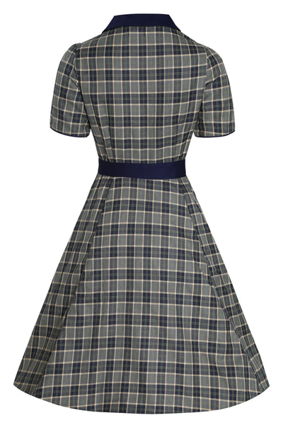 EU STOCK Penelope Rockabilly Navy Blue/Grey Tartan Shirt Dress