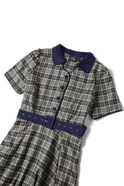 EU STOCK Penelope Rockabilly Navy Blue/Grey Tartan Shirt Dress