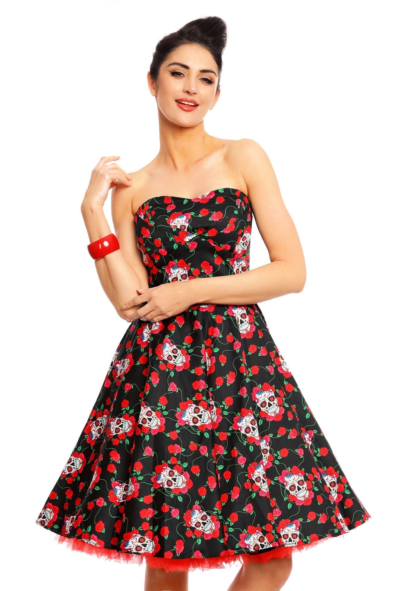 EU STOCK Melissa Black Rockabilly Dress with Skulls And Roses