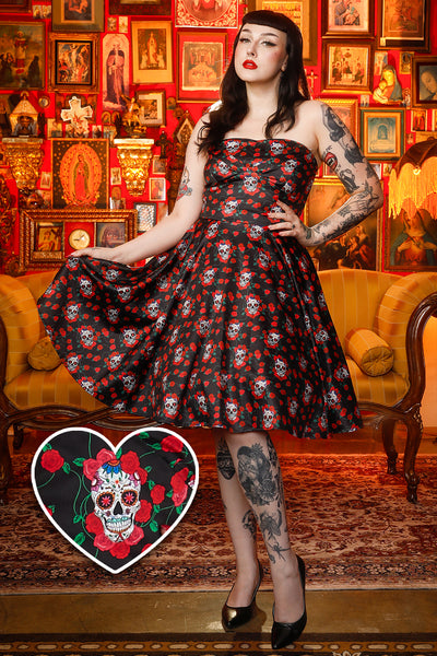 EU STOCK Melissa Black Rockabilly Dress with Skulls And Roses