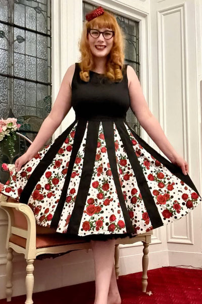 EU STOCK Judith Black Red Rose Print Skirt Retro Swing Dress