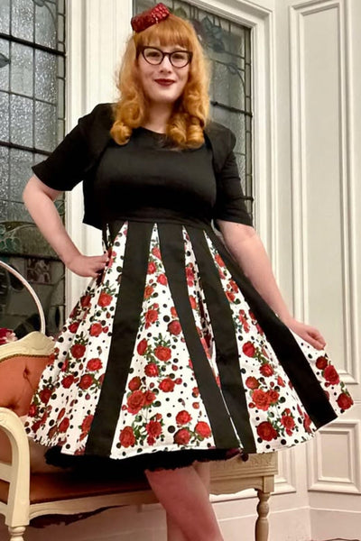 EU STOCK Judith Black Red Rose Print Skirt Retro Swing Dress