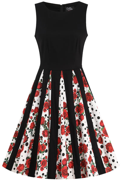 EU STOCK Judith Black Red Rose Print Skirt Retro Swing Dress