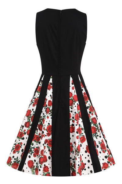 EU STOCK Judith Black Red Rose Print Skirt Retro Swing Dress