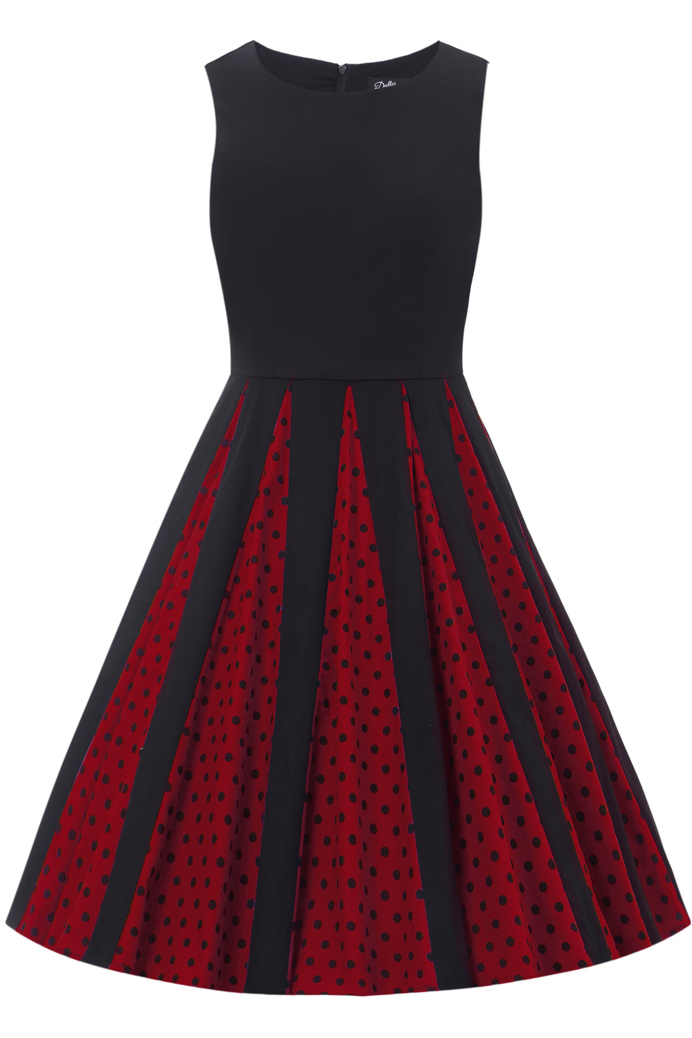 Judith Cotton Retro Pleated Polka Dot Dress in Black and Burgundy