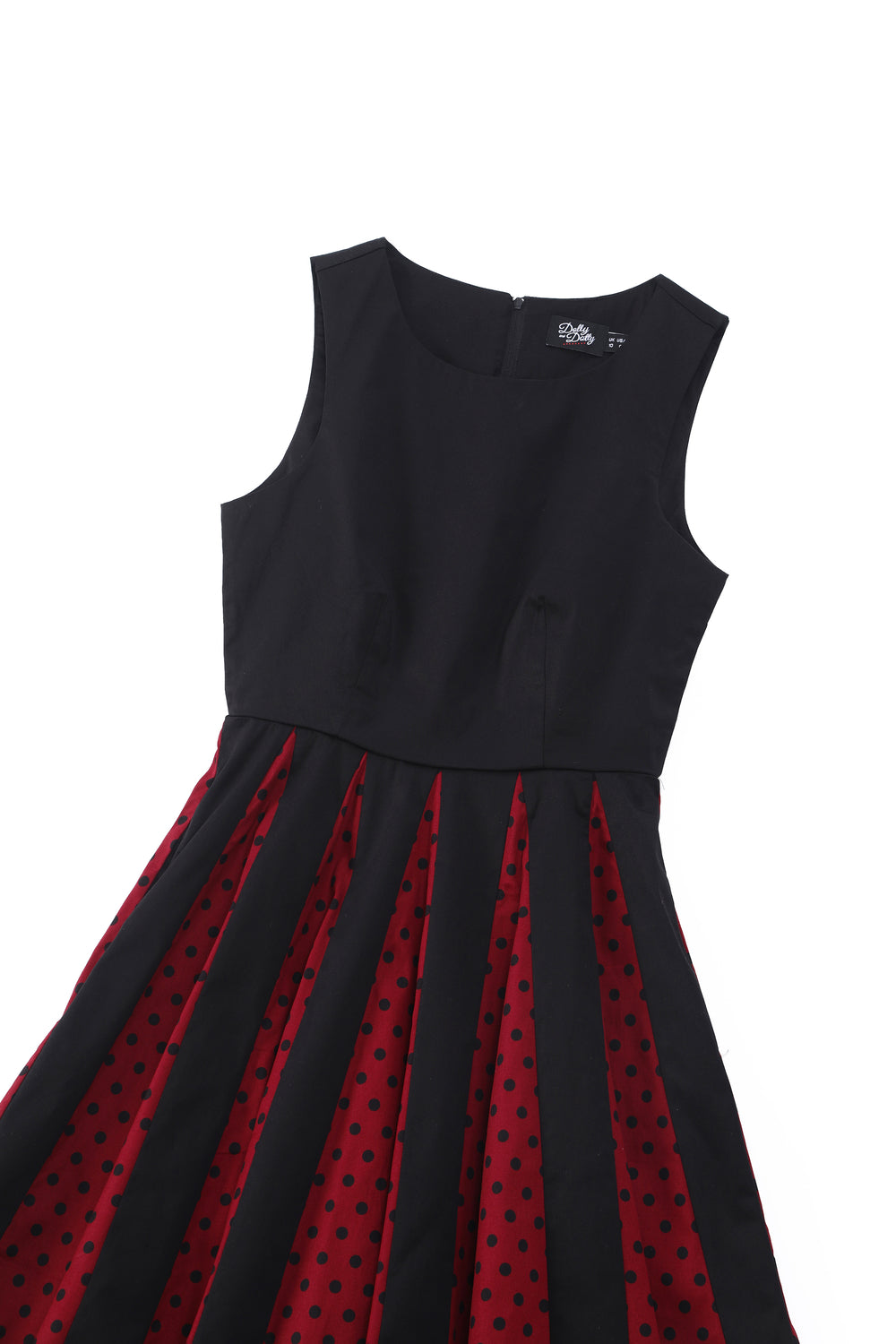 Judith Cotton Retro Pleated Polka Dot Dress in Black and Burgundy